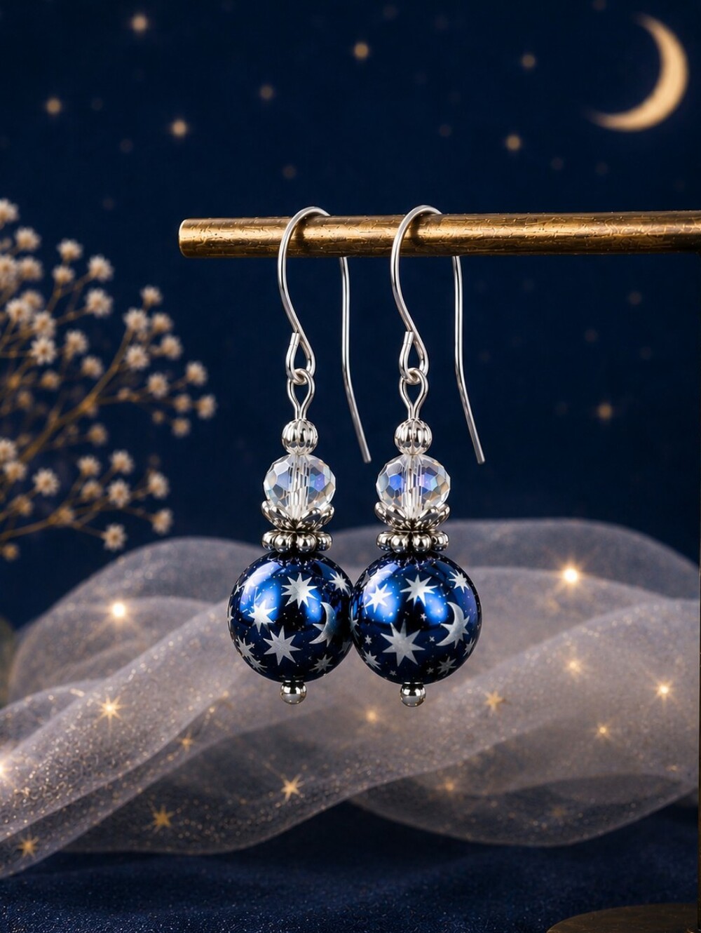 Celestial Blue Star Crystal Earrings Night Sky Artisan Jewelry Hand Crafted